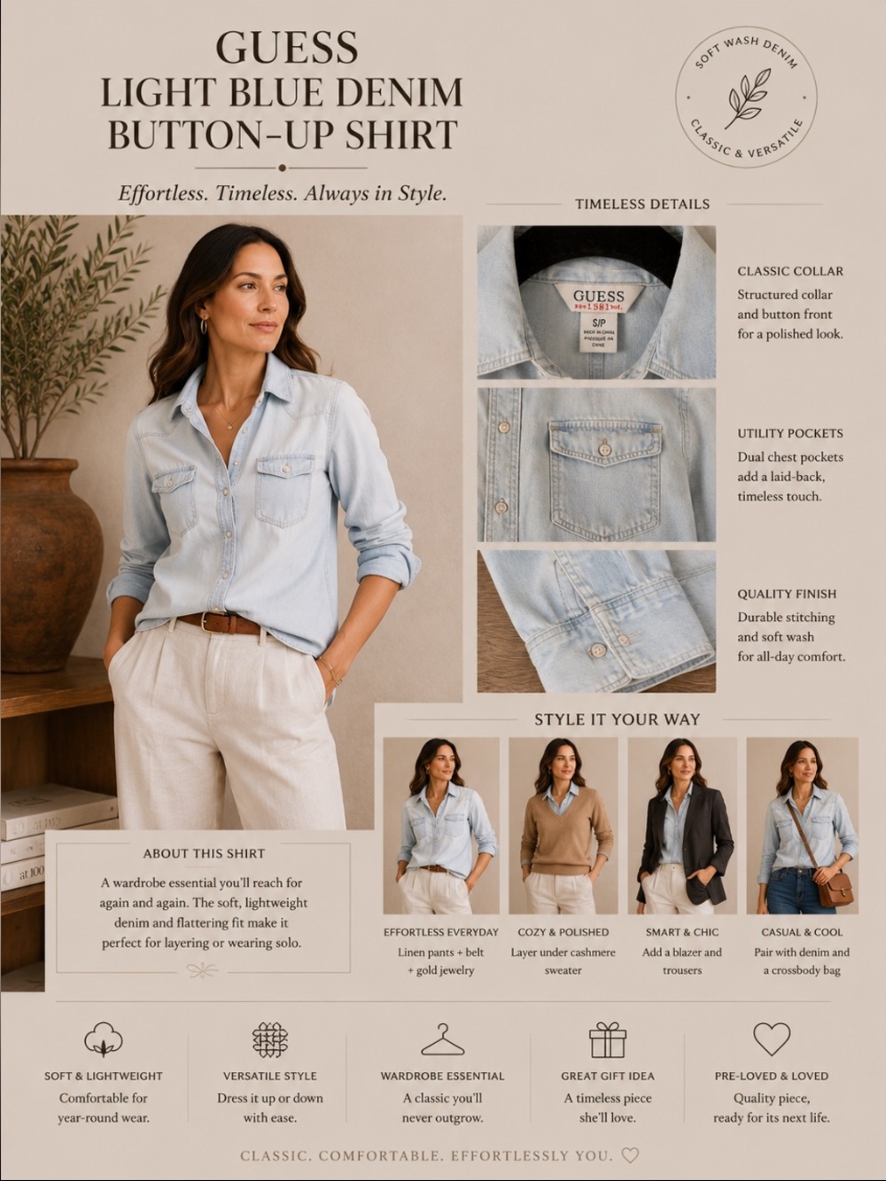 Guess Light Blue Denim Button-Up Shirt size S